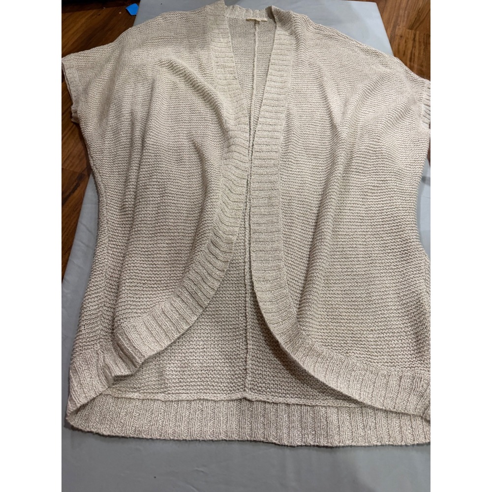 Minimalist Womens Eileen Fisher Open Front Cardigan L Beige Short Sleeve Shawl